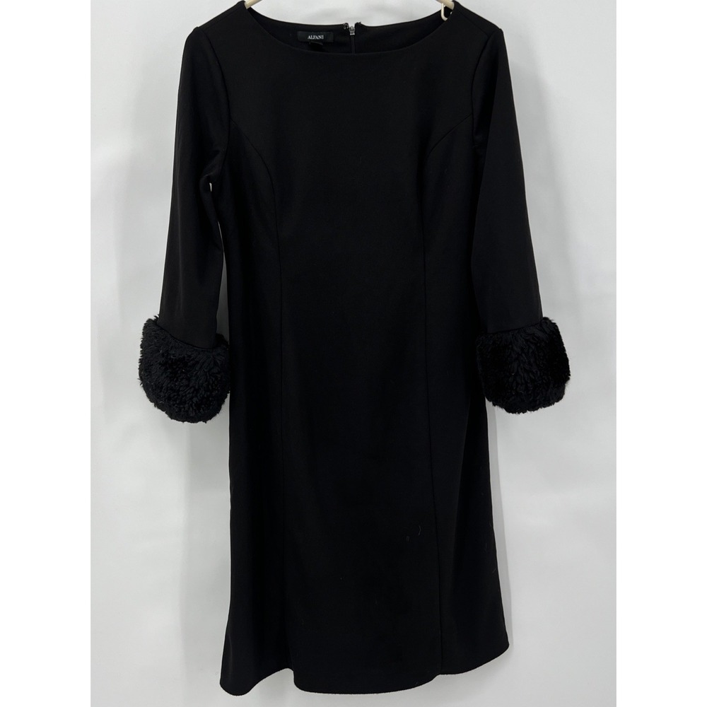 Alfani Deep Black Dress with Faux Fur Size 8 Little‎ Black Dress Unhemmed.